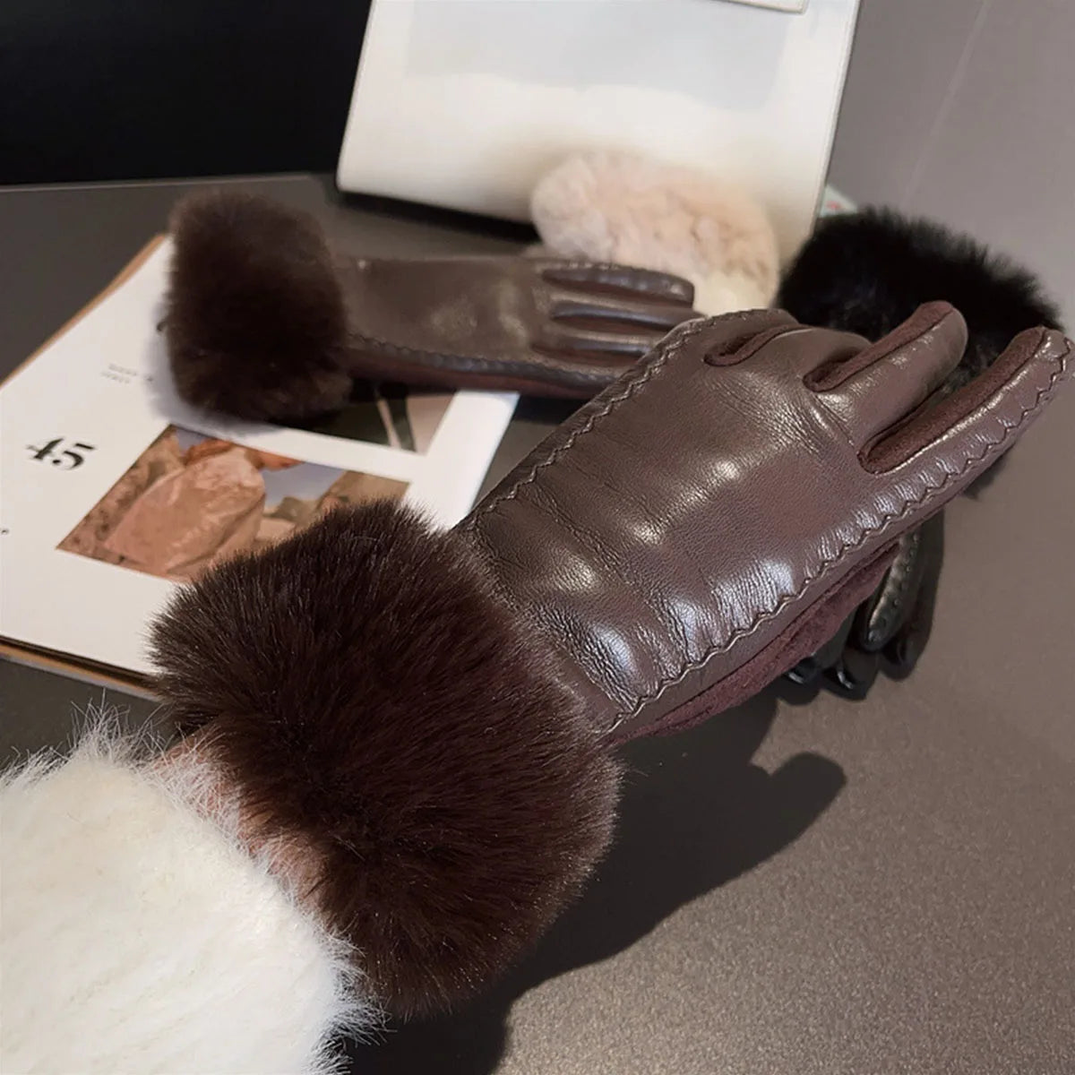 Women’s PU Leather Plush Warm Gloves