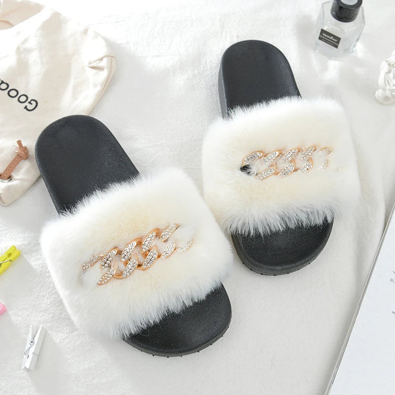 Faux Fur Chain-Detail Slides