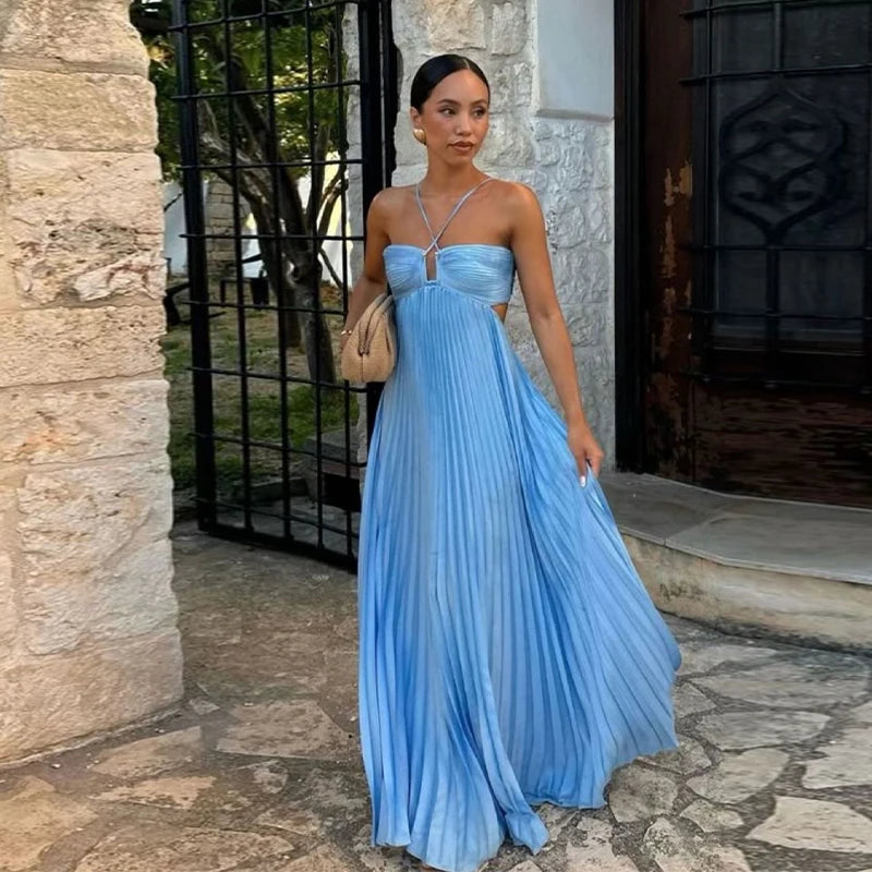 Summer Halter Pleated Long Dress