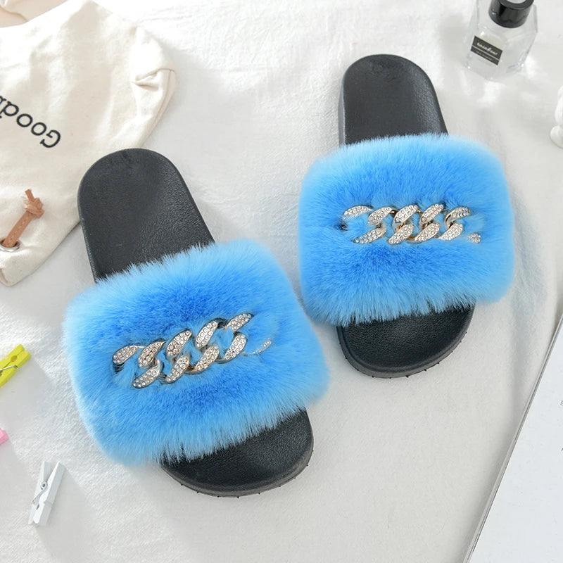 Faux Fur Chain-Detail Slides