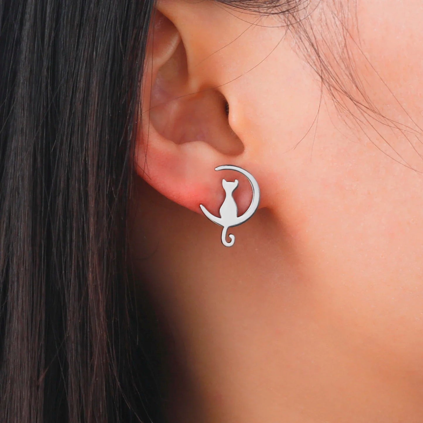 Cute Cat and Moon Stud Earrings