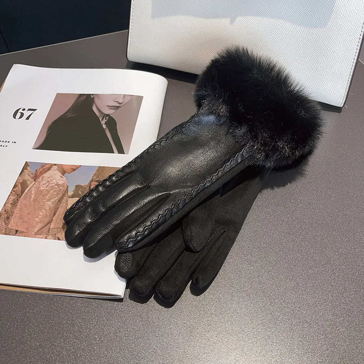 Women’s PU Leather Plush Warm Gloves