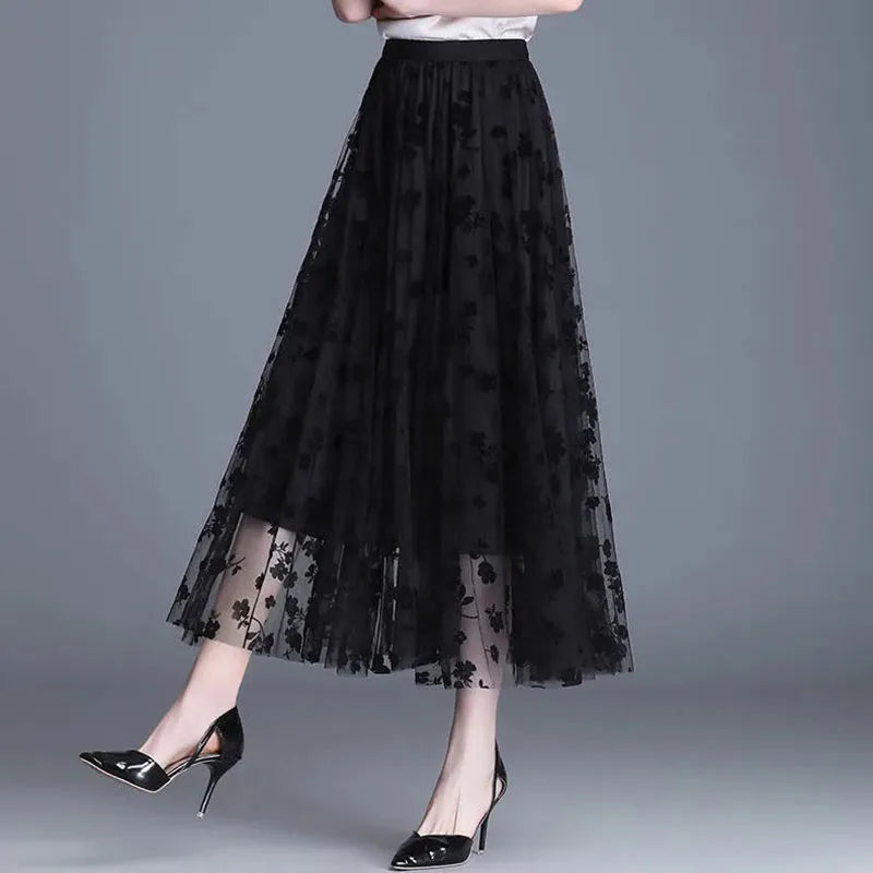 Elegant Tulle Skirt with Printed Flowers