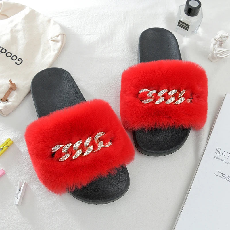 Faux Fur Chain-Detail Slides