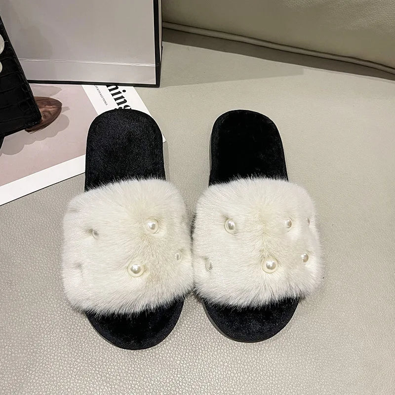 Pearl-Embellished Plush Slippers