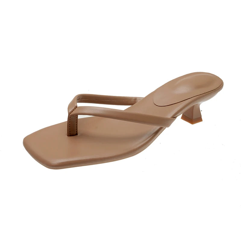 Square-Toe Thong Kitten Heel Sandals