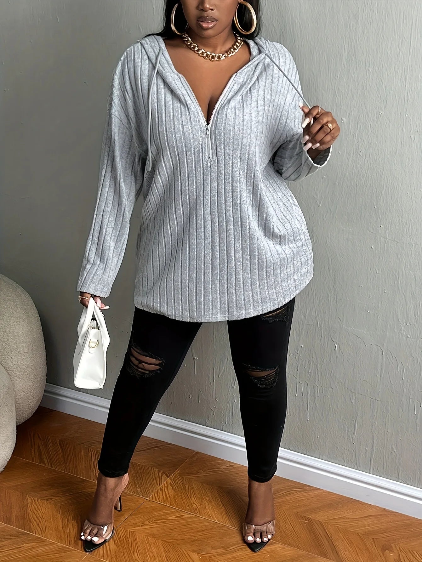 Plus Size Half-Zipper Hooded Sweatshirt