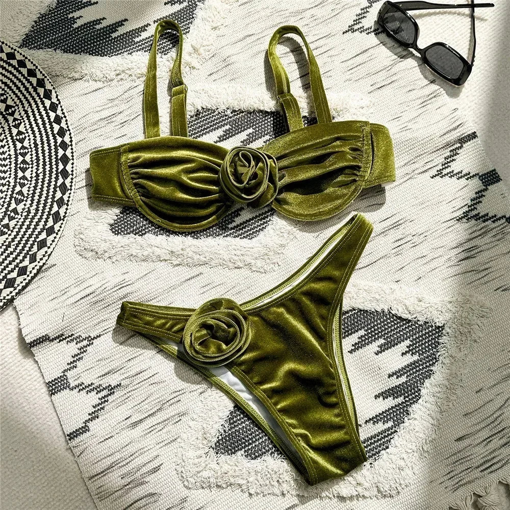 Velvet 3D Flower Bikini Set