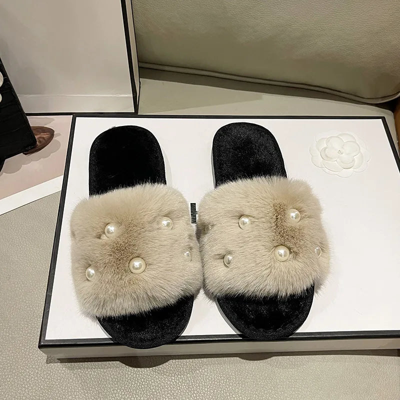 Pearl-Embellished Plush Slippers