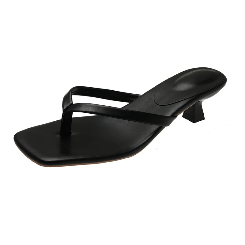 Square-Toe Thong Kitten Heel Sandals