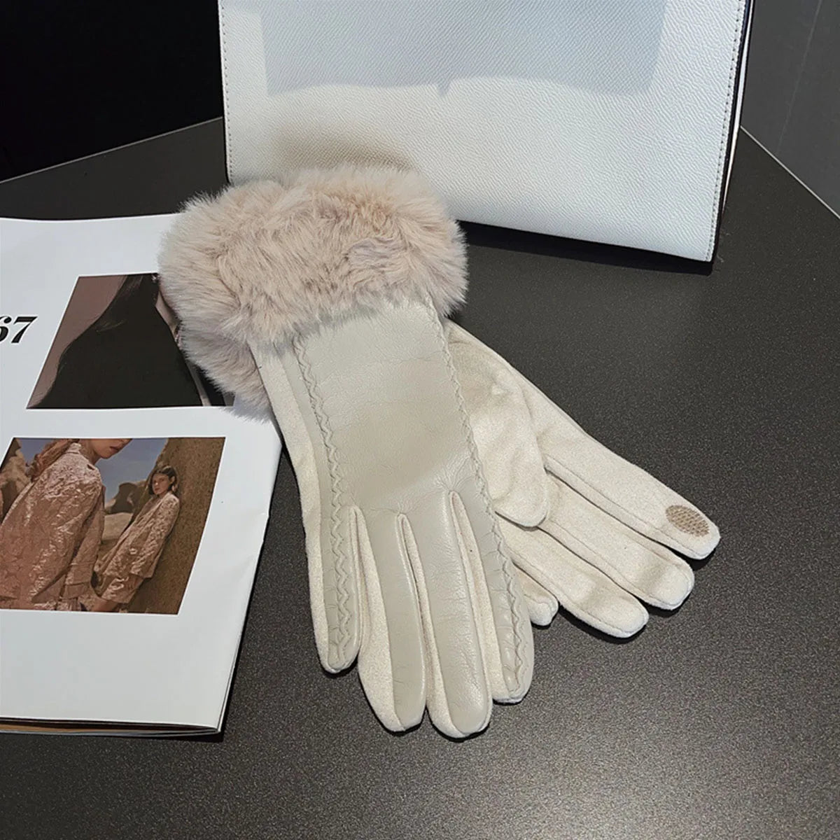 Women’s PU Leather Plush Warm Gloves