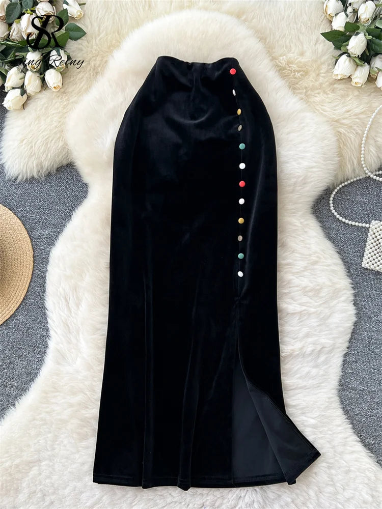 Velvet Long Skirt with Buttons
