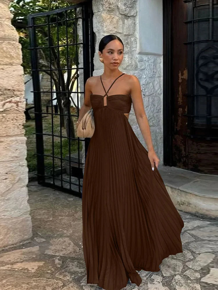Summer Halter Pleated Long Dress