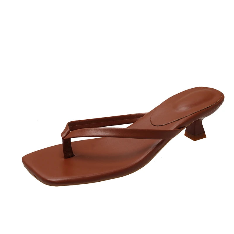 Square-Toe Thong Kitten Heel Sandals