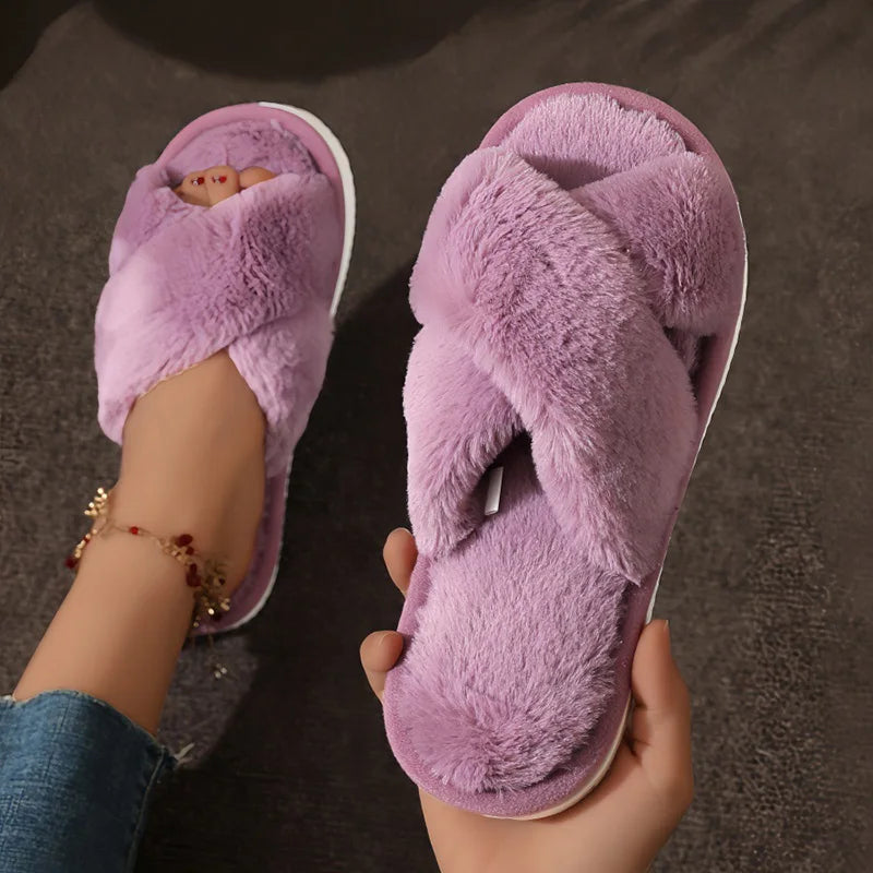 Women's Cross-Strap Plush Slippers