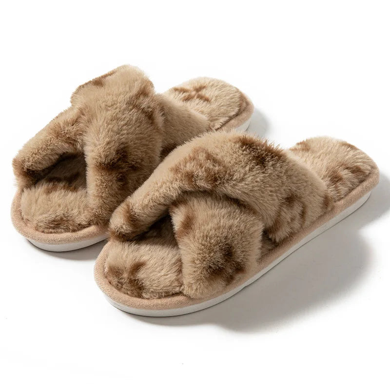 Designer-Inspired Cross-Strap Plush Slippers