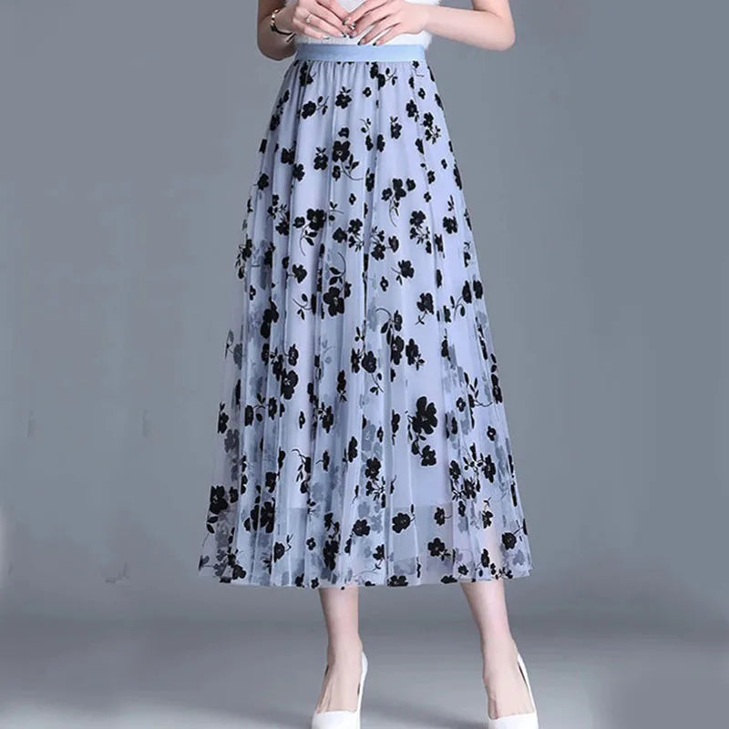 Elegant Tulle Skirt with Printed Flowers