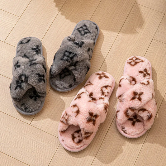Designer-Inspired Cross-Strap Plush Slippers