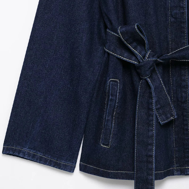 Long Sleeve Denim Blouse with Belt 
