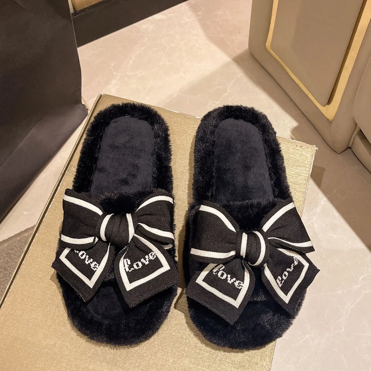 Bow-Tie Plush Slippers