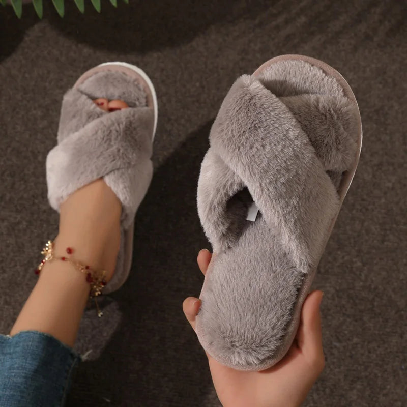 Women's Cross-Strap Plush Slippers