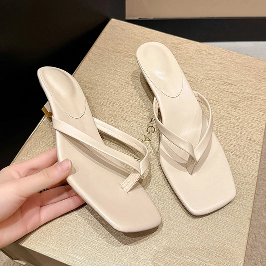 Square-Toe Thong Kitten Heel Sandals