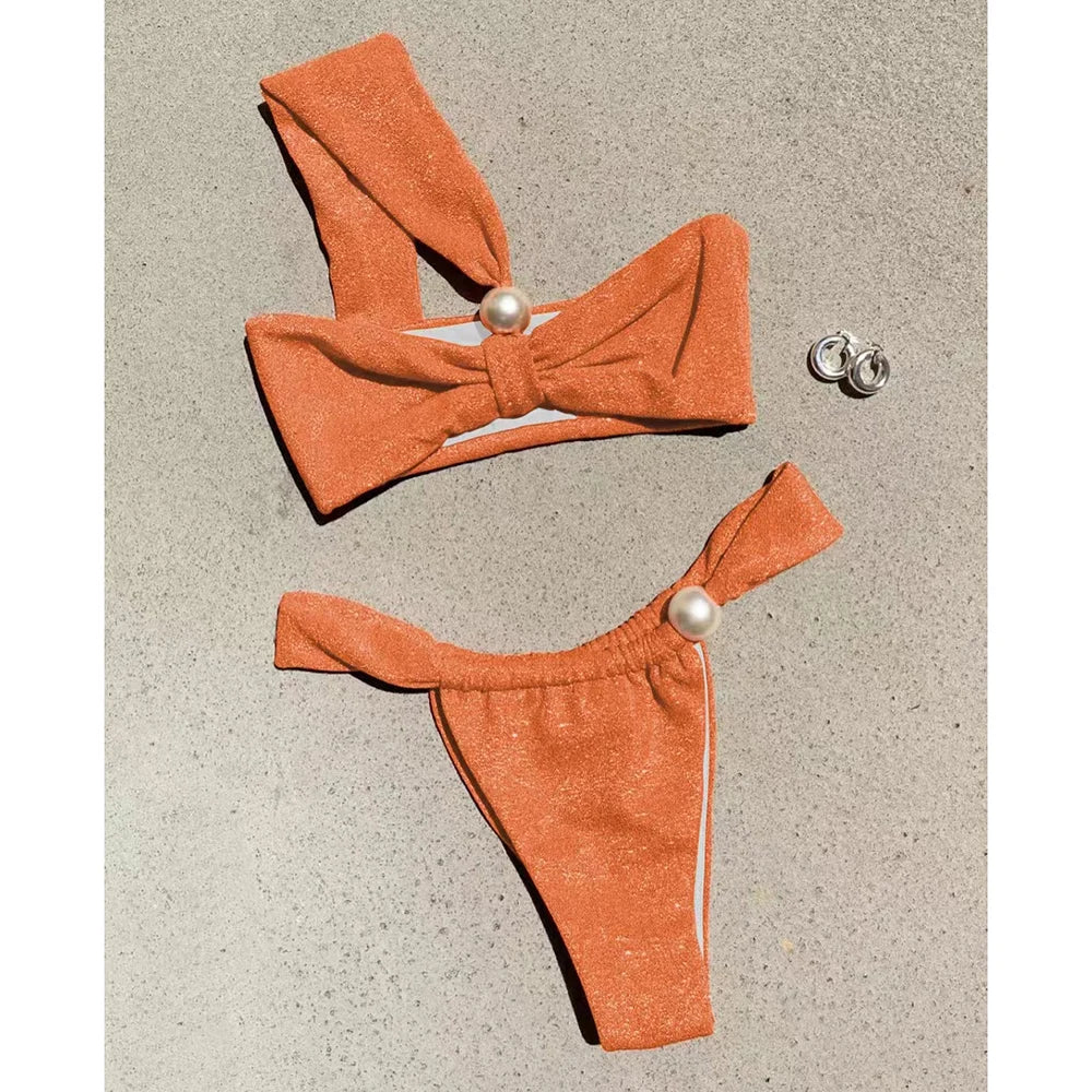 One Shoulder Bikini Pearl Set 