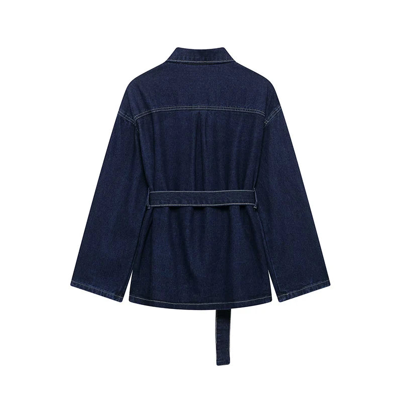 Long Sleeve Denim Blouse with Belt 