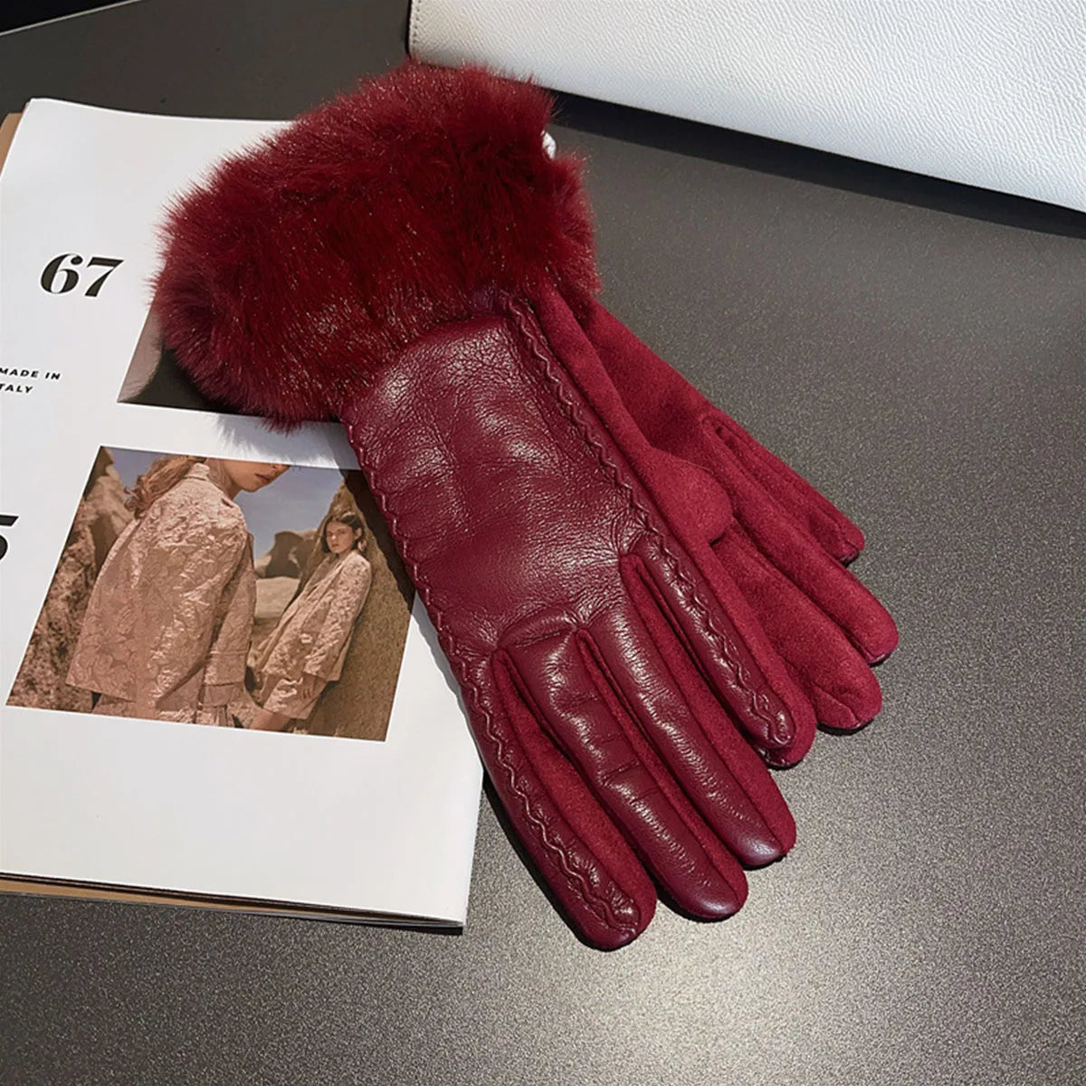 Women’s PU Leather Plush Warm Gloves 