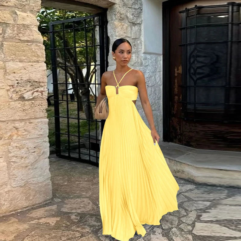 Summer Halter Pleated Long Dress 