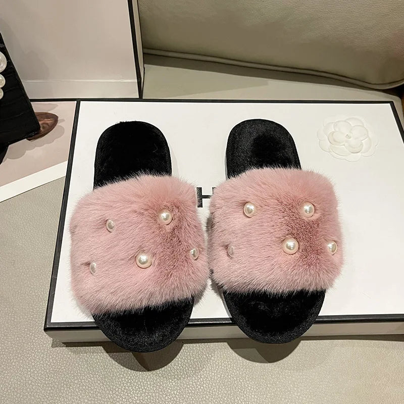 Pearl-Embellished Plush Slippers