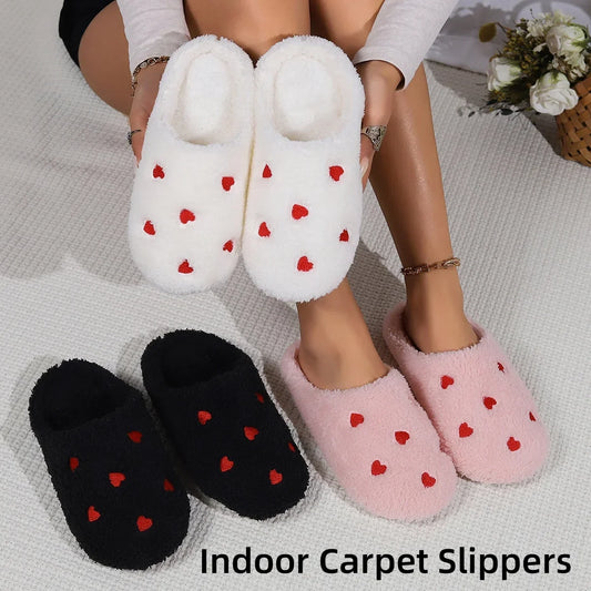 Heart-Patterned Fluffy Slippers