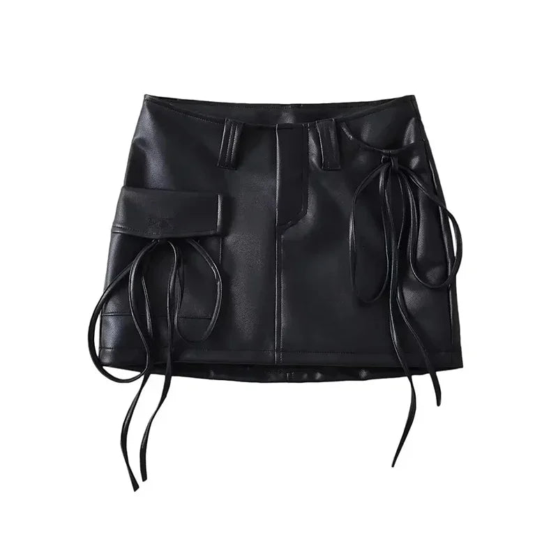 Lace Up PU Leather Black Skirt 