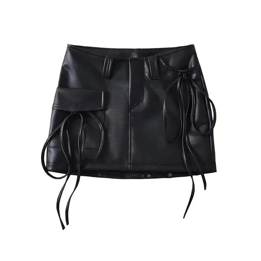 Lace Up PU Leather Black Skirt 