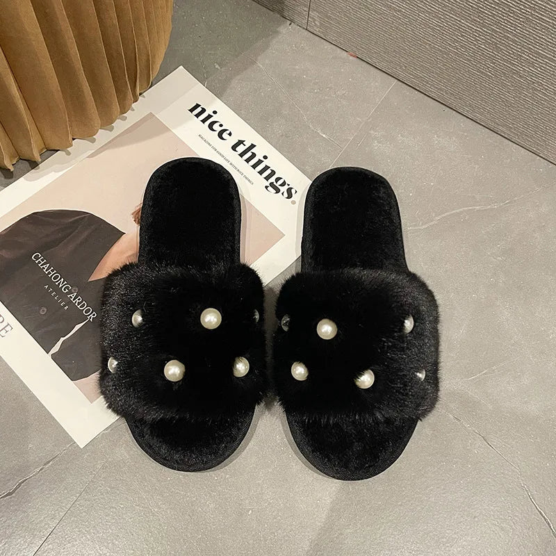 Pearl-Embellished Plush Slippers