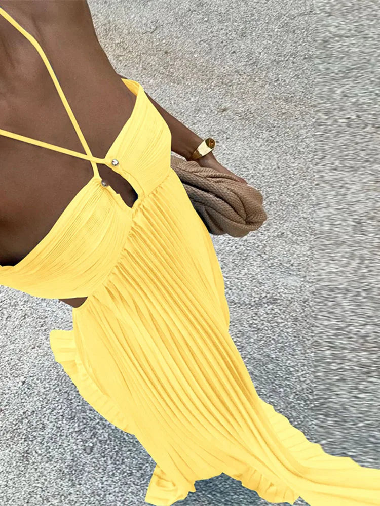 Summer Halter Pleated Long Dress 