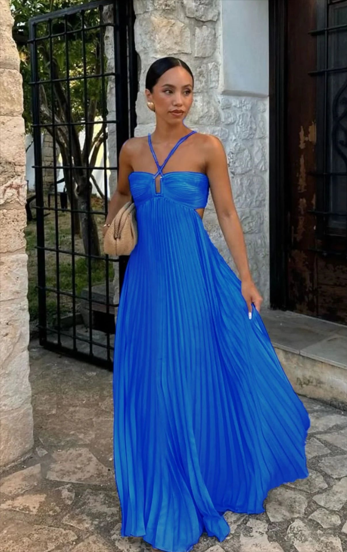 Summer Halter Pleated Long Dress 