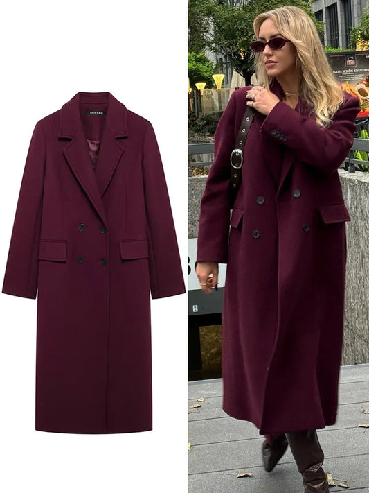 Burgundy Double-Breasted Long Sleeve Coat 