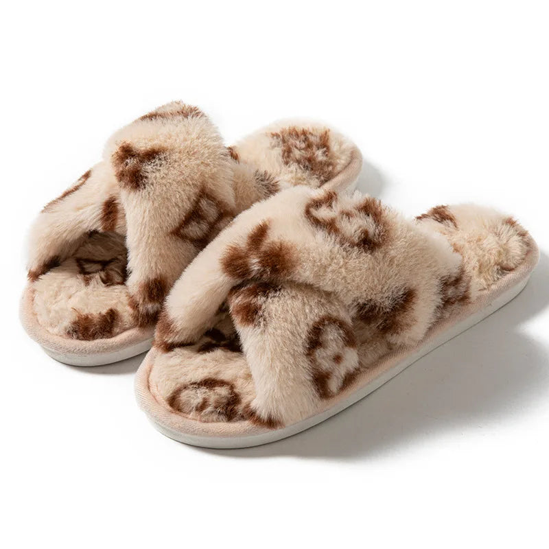 Designer-Inspired Cross-Strap Plush Slippers