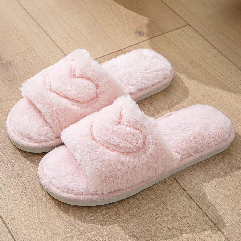 Heart-Detail Plush Slippers