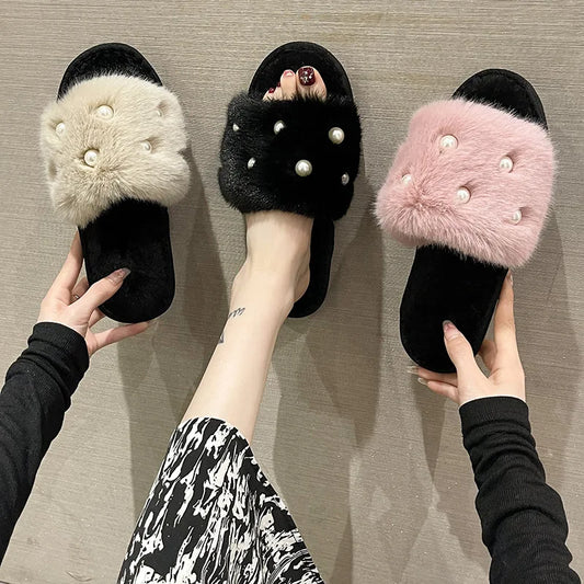 Pearl-Embellished Plush Slippers