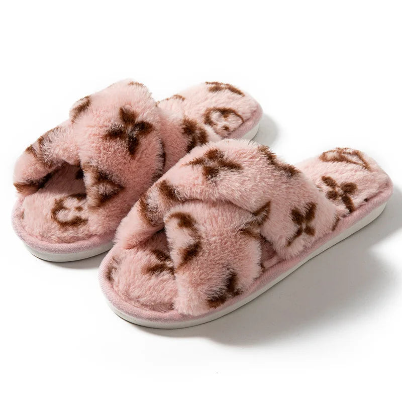 Designer-Inspired Cross-Strap Plush Slippers