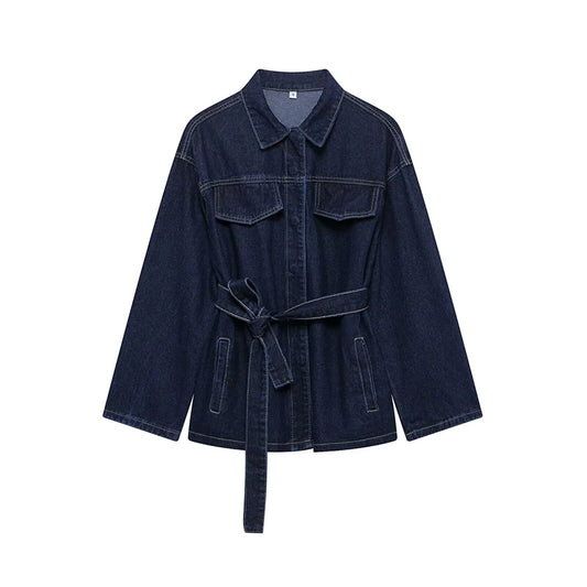 Long Sleeve Denim Blouse with Belt 