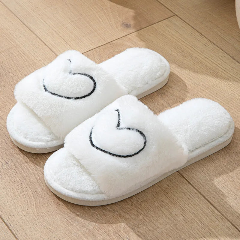 Heart-Detail Plush Slippers