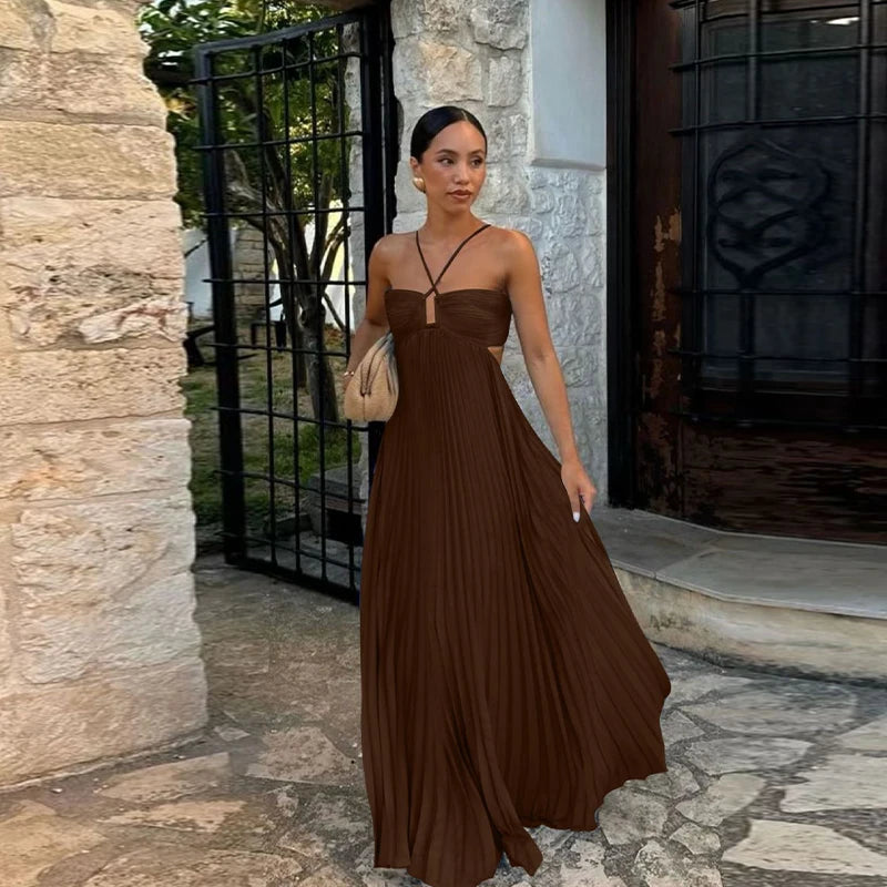 Summer Halter Pleated Long Dress 