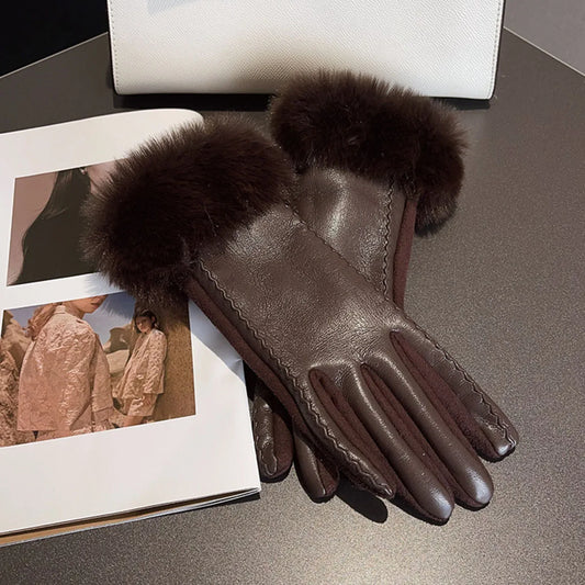 Women’s PU Leather Plush Warm Gloves 