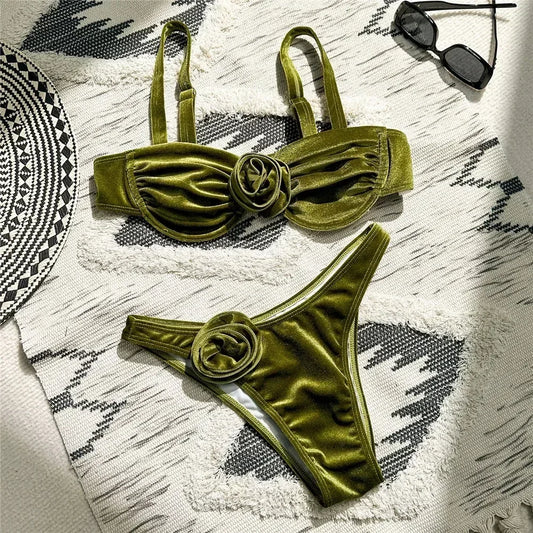 Velvet 3D Flower Bikini Set 