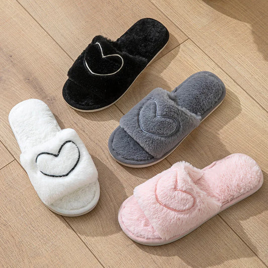 Heart-Detail Plush Slippers
