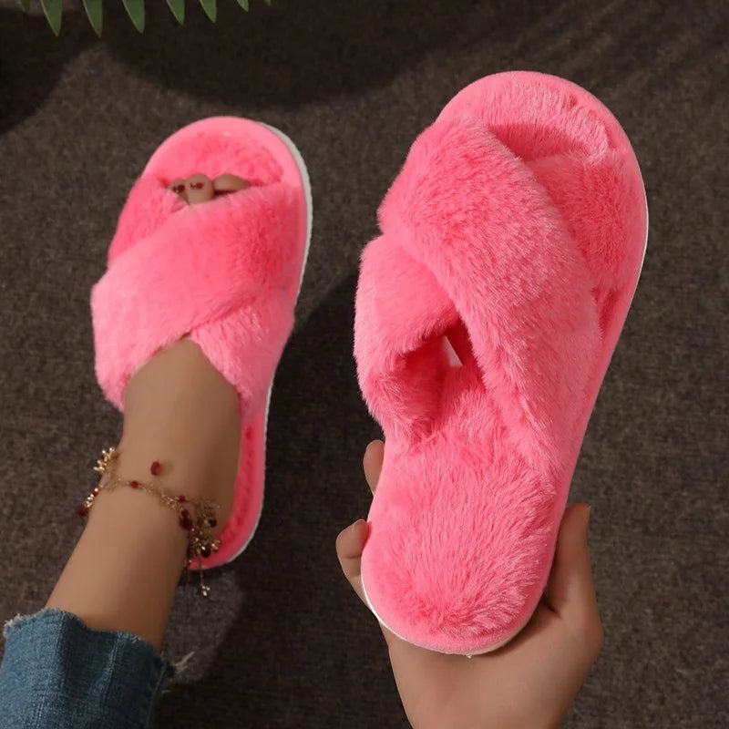 Women's Cross-Strap Plush Slippers