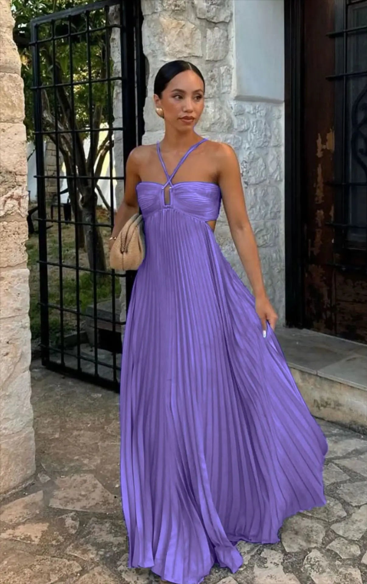 Summer Halter Pleated Long Dress 
